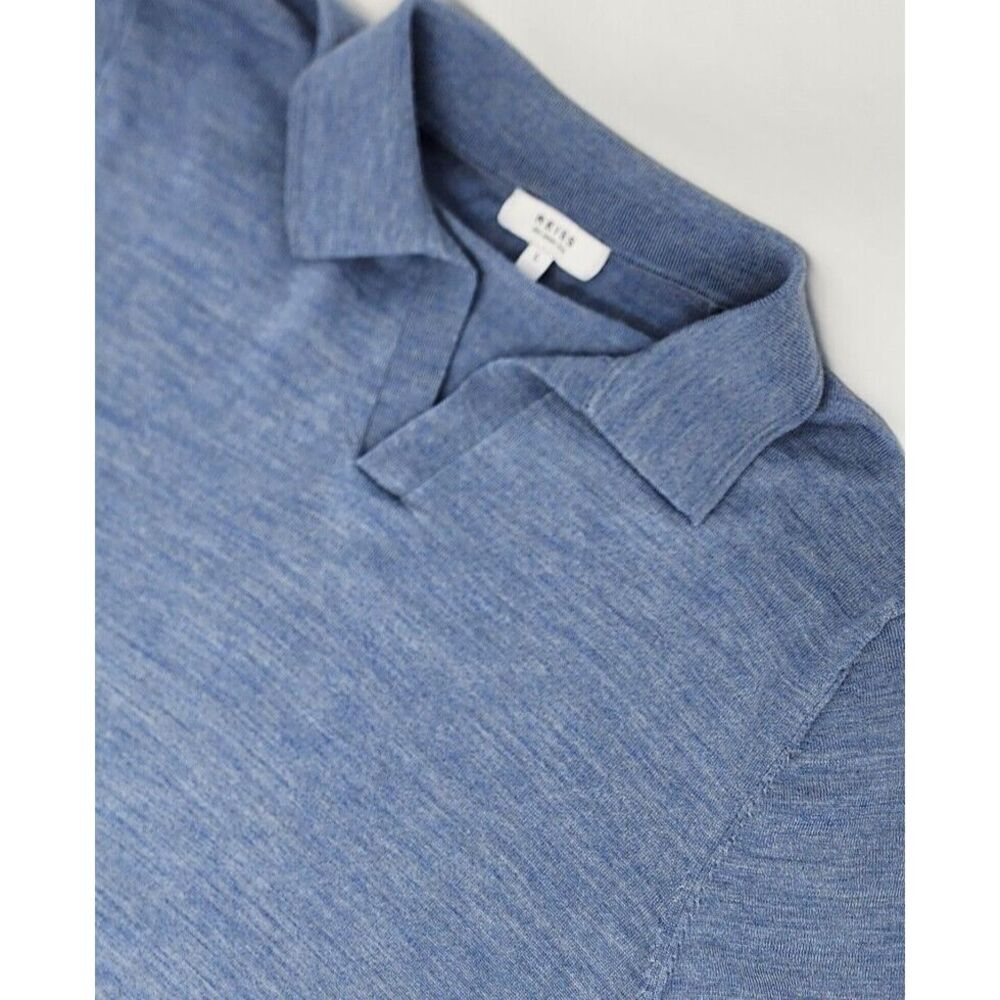 REISS Duchie Open Collar Merino Wool Polo Sweater S/S Shirt Mens Large Blue
